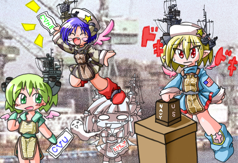 4girls, aircraft_carrier, american_flag, annotated, antennae, apron, arm_up, blonde_hair, blush, blush_stickers, boots, casablanca_class_escort_carrier, chibi, clothes_writing, despair, detached_wings, dress, empty_eyes, fang, flight_deck, giving_up_the_ghost, gloves, green_eyes, green_hair, happy, hat, jumping, lottery, mecha_musume, military, military_vehicle, multiple_girls, no_nose, o_o, open_mouth, original, personification, photo_background, pointy_ears, red_eyes, shinsanbou, ship, short_hair, side_slit, sleeves_rolled_up, star_(symbol), sweatdrop, translated, turn_pale, united_states_navy, warship, watercraft, wings, world_war_ii