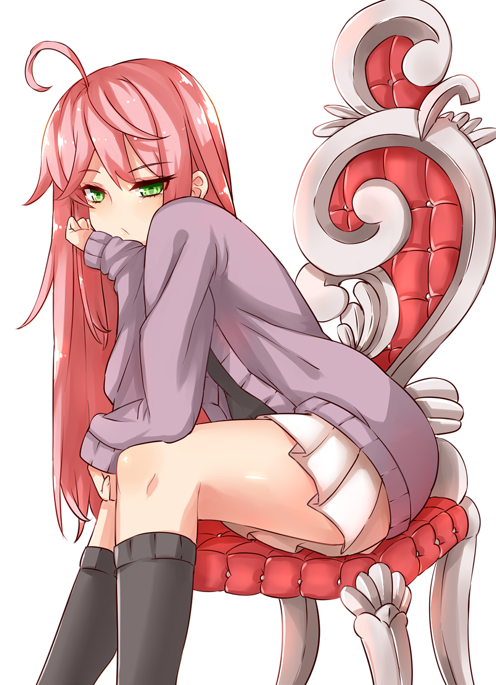 1girl, ahoge, blue_eyes, bored, cardigan, chair, enki_(dragonfire), female_focus