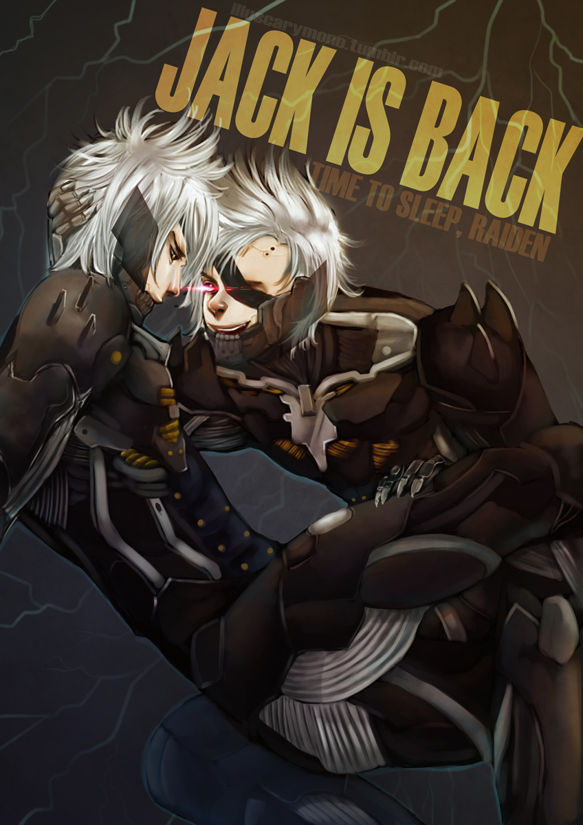 2boys, brown_eyes, carymono, character_name, cyborg, dual_persona, english_text, evil_smile, eyepatch, glowing, glowing_eye, gradient_background, highres, lightning, male_focus, metal_gear_(series), metal_gear_rising:_revengeance, multiple_boys, raiden_(metal_gear), red_eyes, science_fiction, smile, watermark, web_address, white_hair