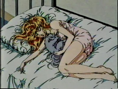 1980s_(style), 1girl, bare_shoulders, bed, bedroom, blonde_hair, california_crisis, cat, closed_eyes, indoors, lowres, marcia_(california_crisis), motor_vehicle, motorcycle, okuda_matsuri, oldschool, ova_(manga), pet, retro_artstyle, sleeping