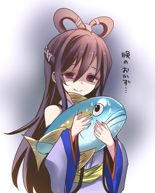 1girl, amberjack_(p&amp;d), bare_shoulders, black_hair, detached_sleeves, empty_eyes, female_focus, fish