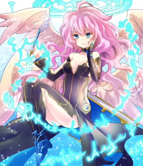 1girl, archangel_metatron_(p&amp;d), black_dress, blue_eyes, dress, female_focus, hoshino_(nia_hoshino), long_hair