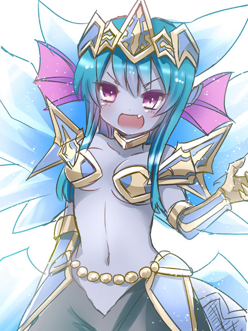 1girl, bare_shoulders, blue_hair, blue_skin, colored_skin, fang, female_focus, frost_demon_(p&amp;d)