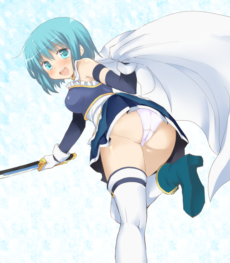 10s, 1girl, :d, armband, ass, bad_id, bad_pixiv_id, blue_eyes, blue_hair, blush, cape, female_focus, from_below, gloves, magical_girl, mahou_shoujo_madoka_magica, matching_hair/eyes, miki_sayaka, miki_sayaka_(magical_girl), misfit_funny, open_mouth, panties, pantyshot, short_hair, smile, solo, sword, thighhighs, underwear, weapon, zettai_ryouiki