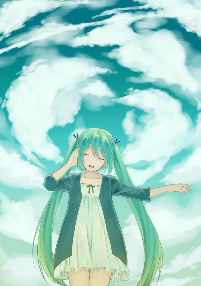 1girl, bad_id, bad_pixiv_id, closed_eyes, cloud, dress, female_focus, green_hair