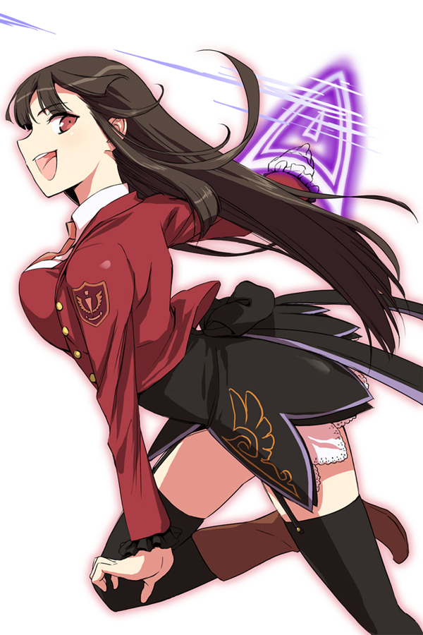 1girl, :d, black_hair, black_skirt, black_thighhighs, boots, breasts, energy_sword