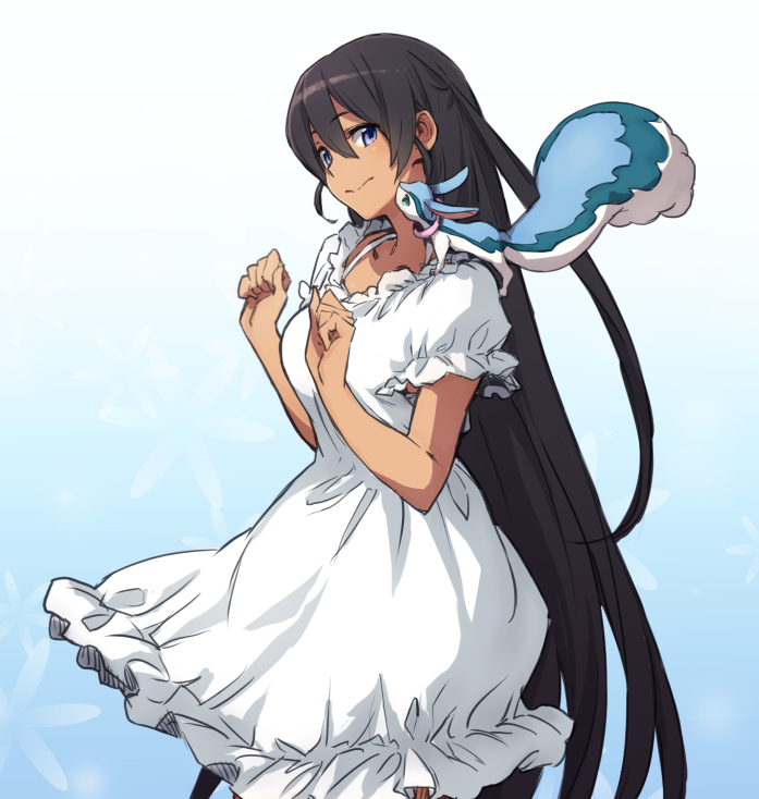 10s, 1girl, animal, black_hair, blue_eyes, captain_earth, dark-skinned_female, dark_skin