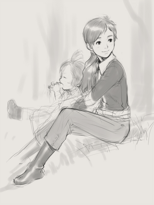 2girls, ashura_novak, boots, child, densetsu_kyojin_ideon, lotta_banda, multiple_girls, sano_toshihide, sketch