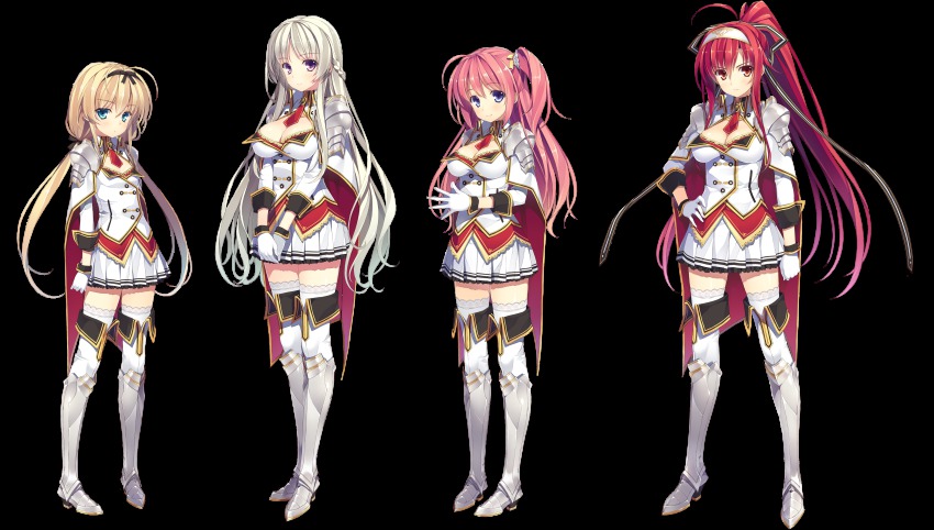 4girls, absurdres, armor, armored_boots, armored_dress, blonde_hair, blue_eyes, boots, breasts, cape, cleavage, dress, fujikura_miyabi, full_body, gloves, greaves, hairband, half_updo, hand_on_own_hip, highres, juukishi_cutie_bullet, knee_boots, large_breasts, long_hair, medium_breasts, minami_mayu, multiple_girls, necktie, own_hands_together, pauldrons, pink_hair, ponytail, purple_eyes, red_eyes, red_hair, reina_de_medishi, sara_tefal, shoulder_armor, side_ponytail, skirt, small_breasts, standing, thighhighs, transparent_background, twintails, uniform, v_arms, white_hair, yuuki_hagure, zettai_ryouiki