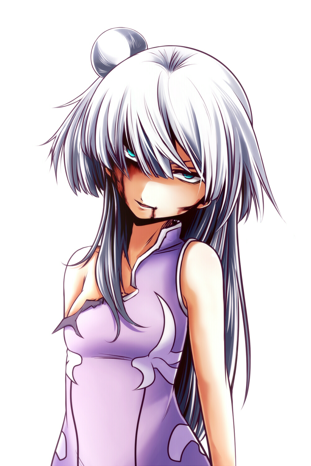 blood, blood_on_face, blue_eyes, chinese_clothes, haku_(p&amp;d), highres, injury, long_hair