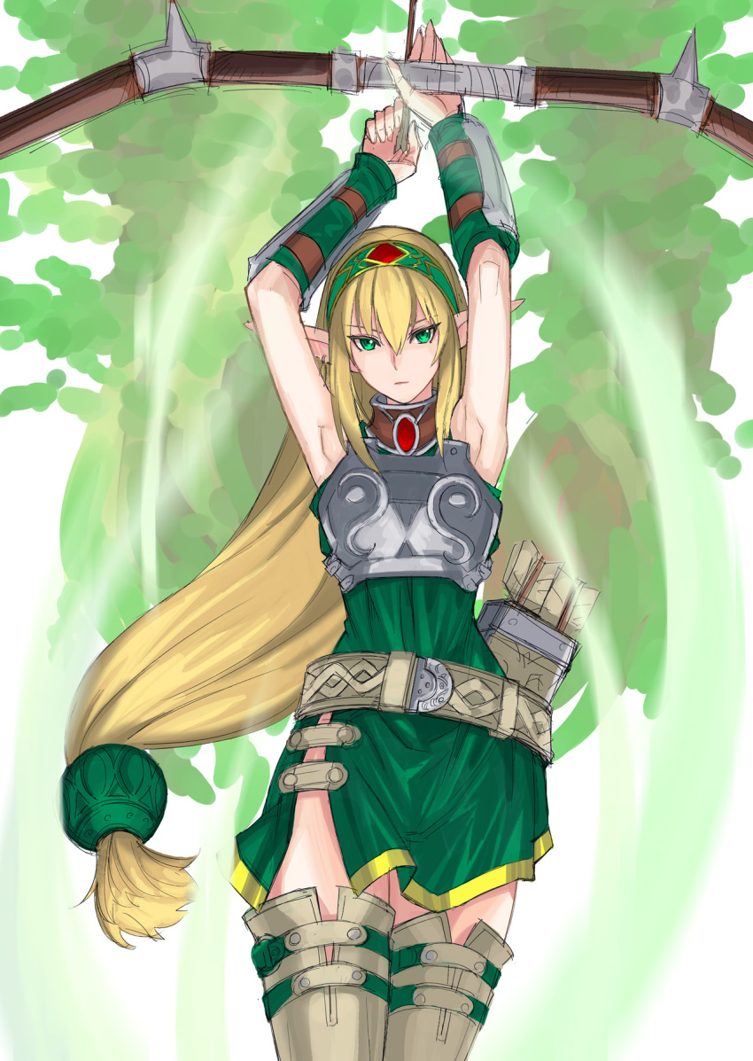 1girl, armor, armpits, arms_up, arrow_(projectile), belt, blonde_hair, boots