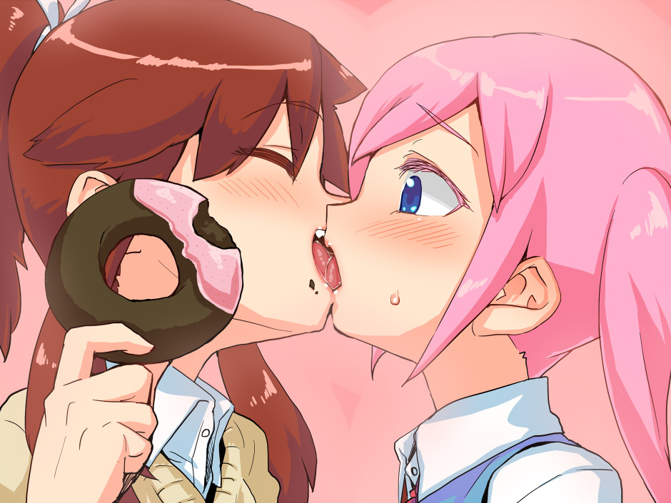 2girls, blue_eyes, blush, brown_hair, character_request, closed_eyes, donut, food, french_kiss, from_side, kiss, long_hair, man_(man-room), multiple_girls, pink_hair, pixiv, pixiv_stamp, saliva, shitora_(man-room), tongue, twintails, yuri
