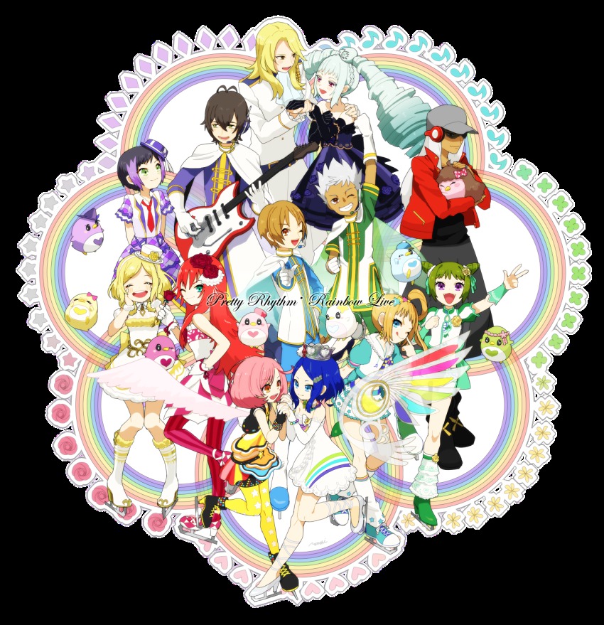 5boys, 6+girls, amou_june, asymmetrical_hair, ayase_naru, bird, black_hair, blonde_hair