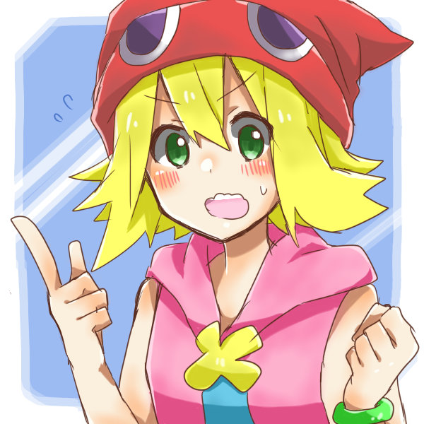 1girl, amitie_(puyopuyo), bad_id, bad_pixiv_id, blonde_hair, blush, bracelet, embarrassed, female_focus, flipped_hair, green_eyes, hat, hood, hoodie, jewelry, matsu_(sekaowaoneok), open_mouth, puyopuyo, puyopuyo_20th_anniversary, puyopuyo_fever, sega, shirt, short_hair, sleeveless, sleeveless_shirt, solo