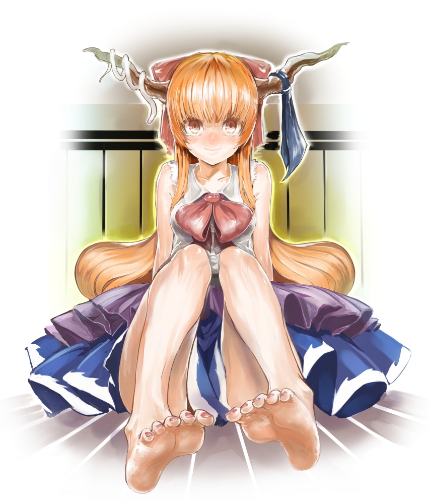 1girl, bad_id, bad_pixiv_id, barefoot, blush, bow, brown_eyes, colorized