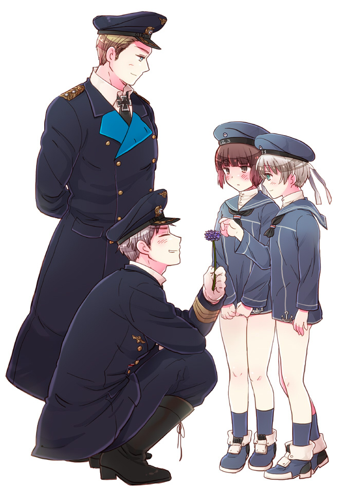 10s, 2boys, 2girls, axis_powers_hetalia, blonde_hair, blue_eyes, blush, brown_eyes, brown_hair, buttons, closed_eyes, clothes_writing, coat, cross, crossover, double-breasted, dress, epaulettes, flower, germany_(hetalia), green_eyes, grey_hair, hat, holding, iron_cross, kantai_collection, kuro_(parade), looking_at_another, military, military_uniform, multiple_boys, multiple_girls, official_style, prussia_(hetalia), reaching, sailor, sailor_dress, sailor_hat, short_hair, simple_background, smile, squatting, white_background, z1_leberecht_maass_(kancolle), z3_max_schultz_(kancolle)