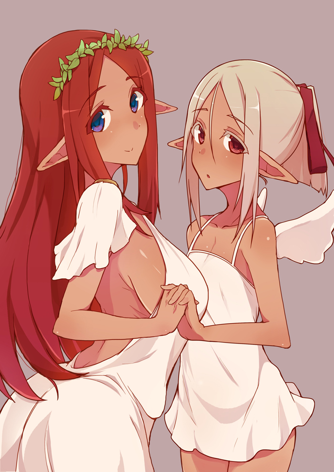 2girls, asymmetrical_docking, blue_eyes, blush, breast_press, breasts, dark_skin, dark-skinned_female