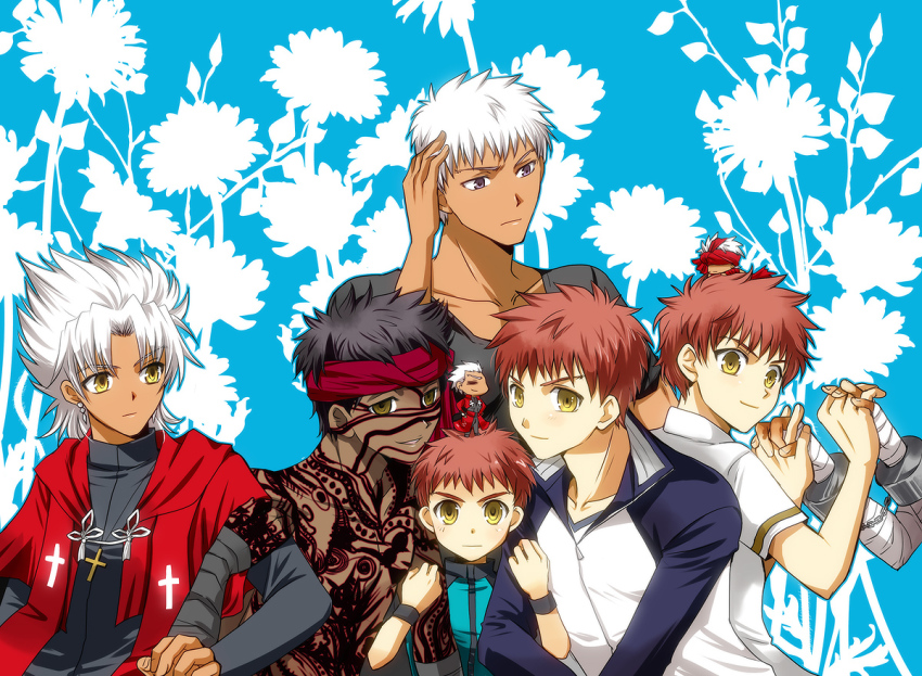 10s, 6+boys, aged_down, amakusa_shirou_(fate), angra_mainyu_(fate), archer_(fate), archer_(modern_black_costume)_(fate), black_hair