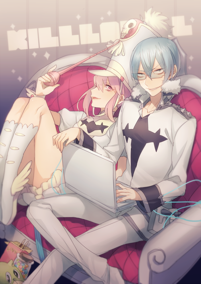 10s, 1boy, 1girl, asuda, baton, conductor_baton, blue_hair, boots, computer, couch, glasses, grin, hat, inumuta_houka, jakuzure_nonon, kill_la_kill, laptop, pink_hair, shako_cap, sitting, smile, uniform