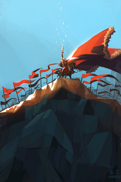 1boy, army, beard, bucephalus_(fate), cape, cliff, facial_hair, fate/zero