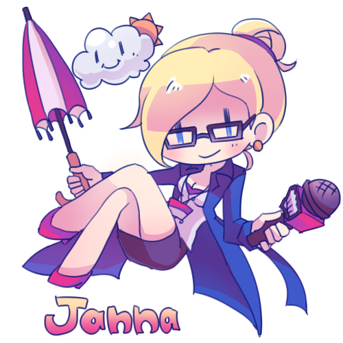 1girl, alternate_costume, blonde_hair, character_name, chibi, closed_umbrella, cloud, forecast_janna