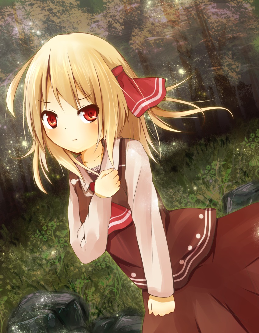 1girl, ascot, black_skirt, blonde_hair, bow, clenched_hands, female_focus, forest