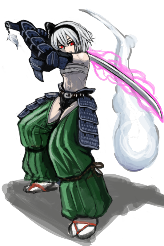 1girl, alternate_costume, armor, bad_id, bad_pixiv_id, female_focus, fighting_stance, hairband, hitodama, holding, holding_weapon, hoshitetsu_ringo, japanese_armor, katana, konpaku_youmu, konpaku_youmu_(ghost), pants, red_eyes, sandals, sarashi, short_hair, silver_hair, solo, spirit, swinging, sword, touhou, traditional_clothes, weapon, weapon_energy