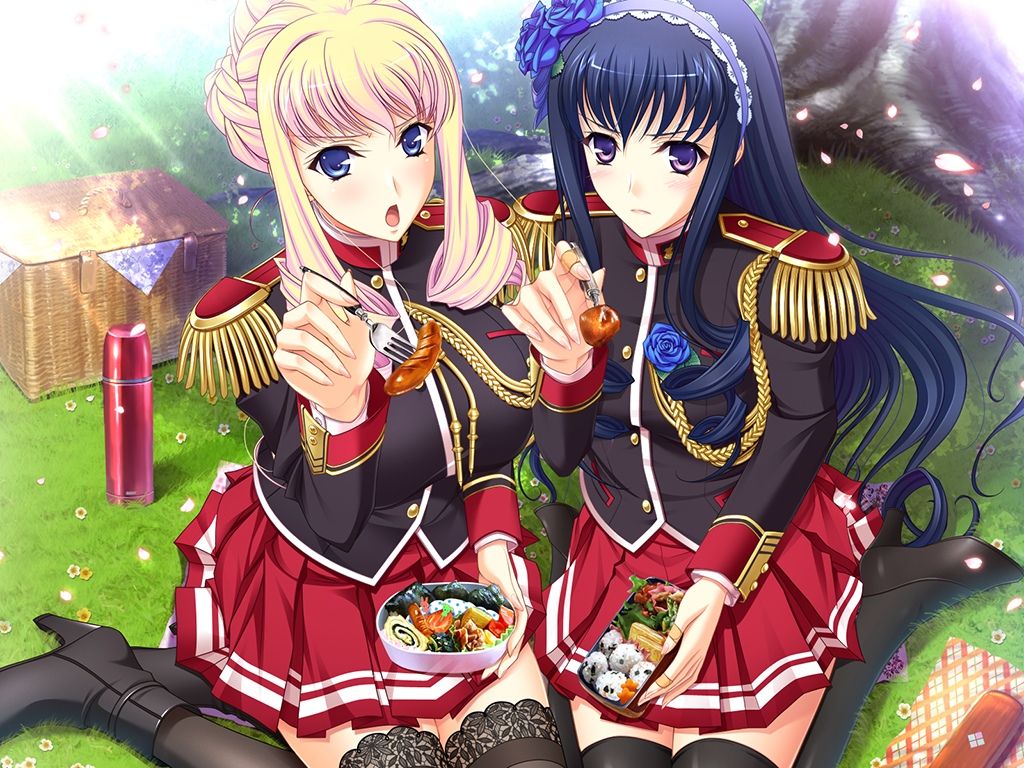 10s, 2girls, alice_weinberg, ankle_boots, bento, bertille_althusser, black_legwear, blonde_hair