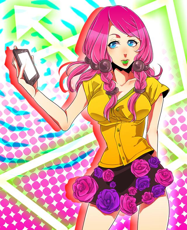 1girl, bad_id, bad_twitter_id, blue_eyes, cellphone, female_focus, hair_bobbles, hair_ornament, hirose_yasuho, jojo_no_kimyou_na_bouken, jojolion, lipstick, makeup, phone, pink_hair, satou_shouyu, skirt, smartphone, solo