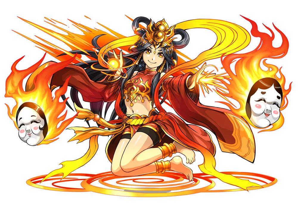 1girl, ame_no_uzume_(p&amp;d), anklet, bare_shoulders, barefoot, black_hair, detached_sleeves, eyebrows