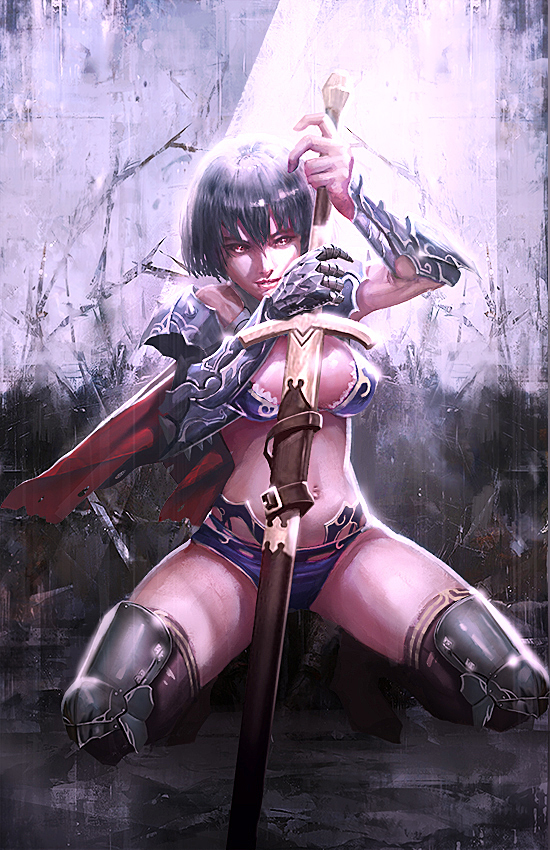 1girl, armor, bikini_armor, black_hair, female_focus, longai, looking_at_viewer, md5_mismatch