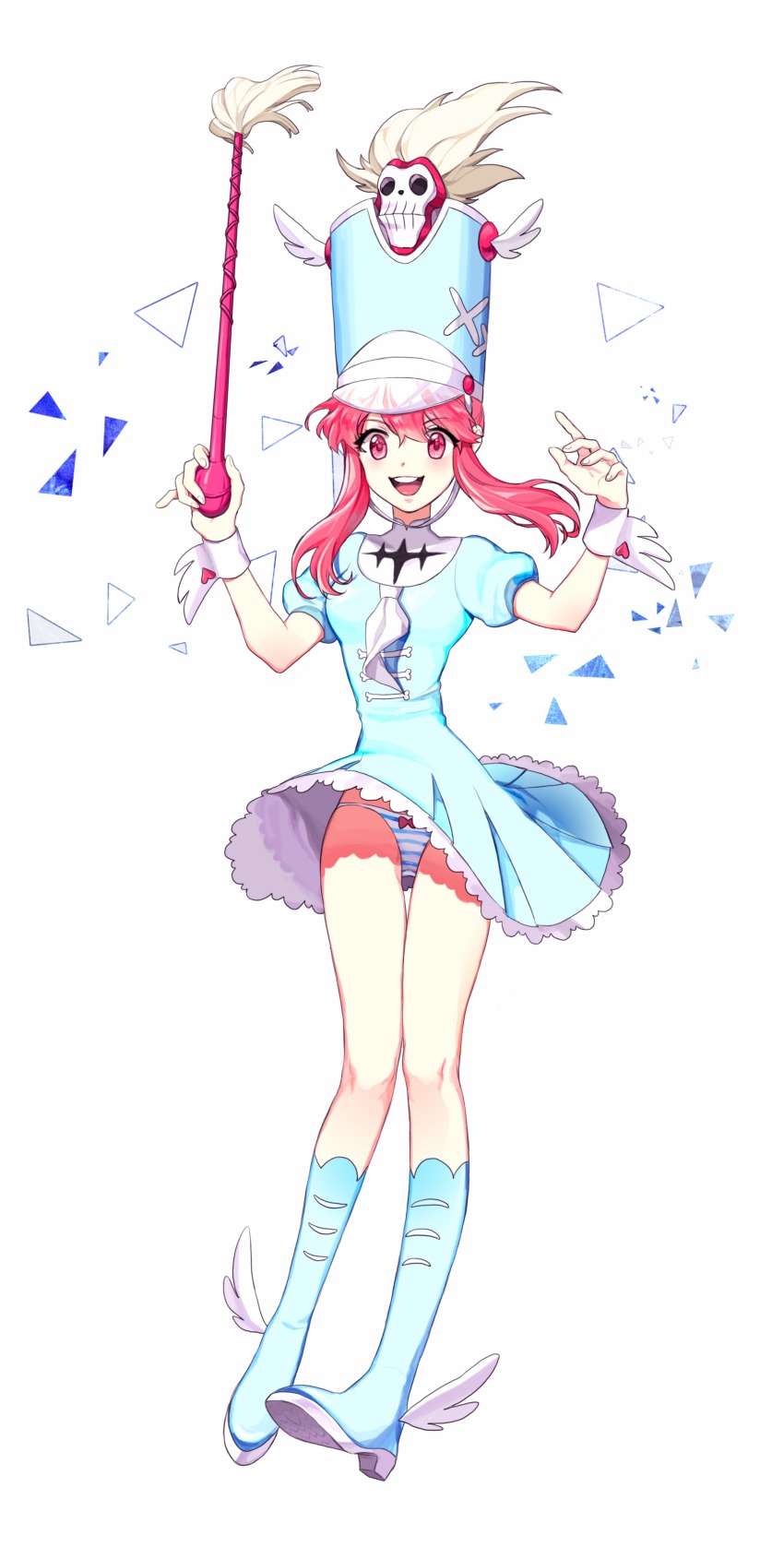 10s, 1girl, absurdres, baton, boots, conductor_baton, female_focus, full_body, hat, highres, hum_(fpswp777), jakuzure_nonon, kill_la_kill, long_hair, panties, pink_eyes, pink_hair, shako_cap, smile, solo, striped_clothes, striped_panties, thigh_gap, underwear, uniform, white_background, wristband