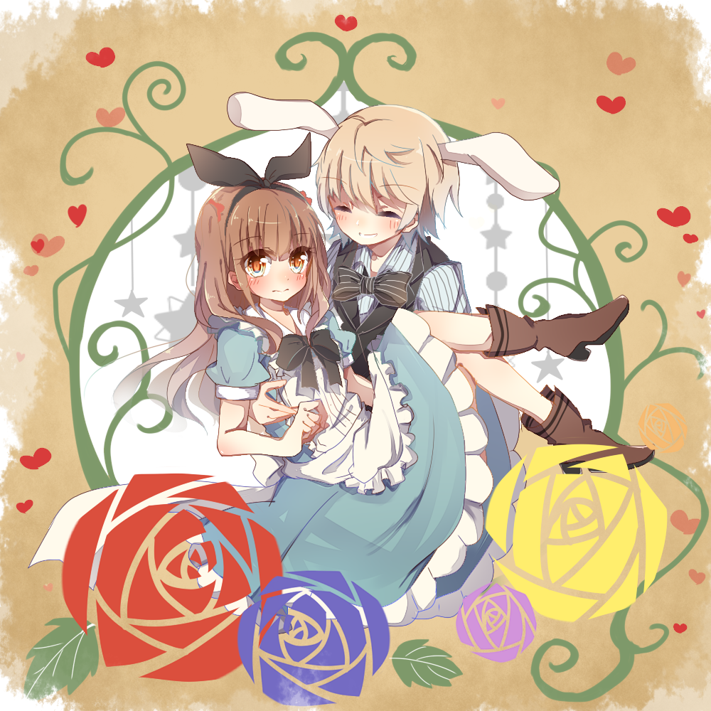 1boy, 1girl, akako_(kanoko1112), alice_(alice_in_wonderland), alice_(alice_in_wonderland)_(cosplay), alice's_adventures_in_wonderland, animal_ears, blonde_hair