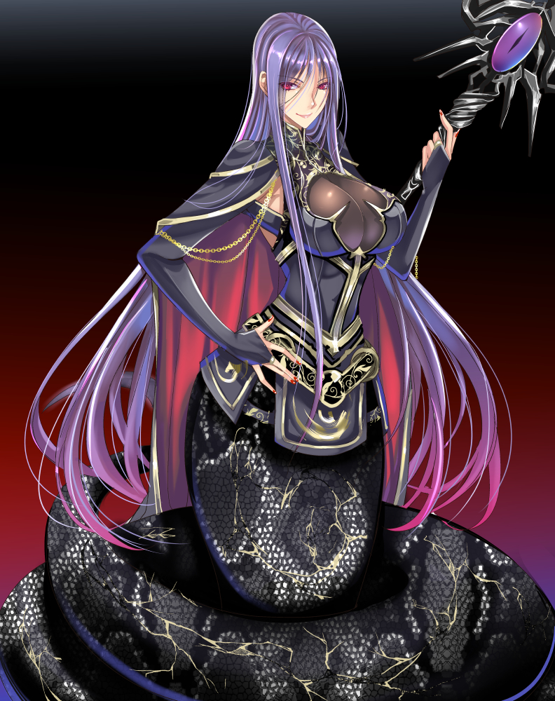 1girl, single_breast_curtain, breasts, capelet, chain, cleavage, cleavage_cutout, clothing_cutout, female_focus, glowing, glowing_eyes, gradient_background, hand_on_own_hip, lamia, large_breasts, long_hair, monster_girl, mugenshiki, nail_polish, original, purple_eyes, purple_hair, red_nails, smile, solo, staff, sword_world, sword_world_2.0, very_long_hair, witch