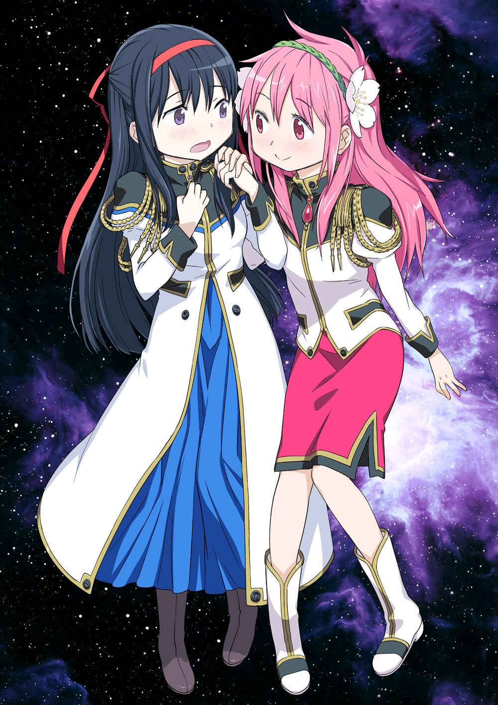 2girls, akemi_homura, antenna_hair, black_hair, blue_skirt, blush, boots, cosplay, embarrassed, flower, fuwa_daisuke, galaxy_angel, hairband, highres, kaname_madoka, karasuma_chitose, karasuma_chitose_(cosplay), long_hair, mahou_shoujo_madoka_magica, mahou_shoujo_madoka_magica_(anime), milfeulle_sakuraba, milfeulle_sakuraba_(cosplay), military, multiple_girls, open_mouth, pencil_skirt, pink_hair, skirt, smile