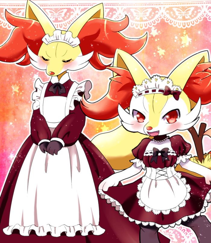 10s, 2girls, alternate_costume, animal_ear_fluff, animal_nose, blush, body_fur, braixen, closed_eyes, clothed_pokemon, delphox, enmaided, furry, furry_female, gen_6_pokemon, kemoribon, maid, maid_headdress, multicolored_fur, multiple_girls, nintendo, open_mouth, pokemon, pokemon_(creature), pokemon_x_and_y, red_eyes, renge-kemo, smile, snout, stick, tail, v_arms