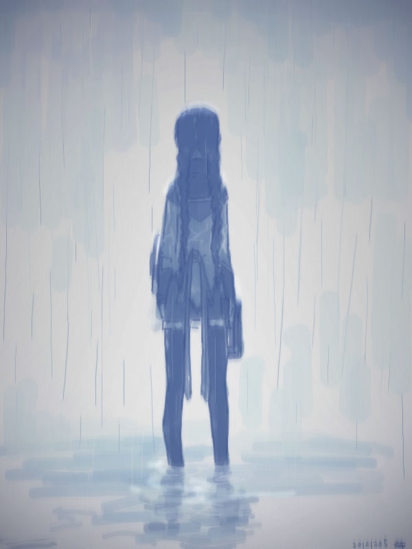 10s, 1girl, 2012, akemi_homura, akemi_homura_(magical_girl), back, blue_theme, braid