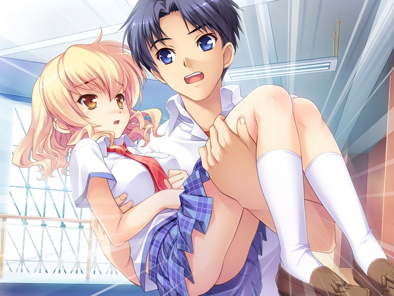 1boy, 1girl, black_hair, blonde_hair, blue_eyes, blush, body_blush, breasts