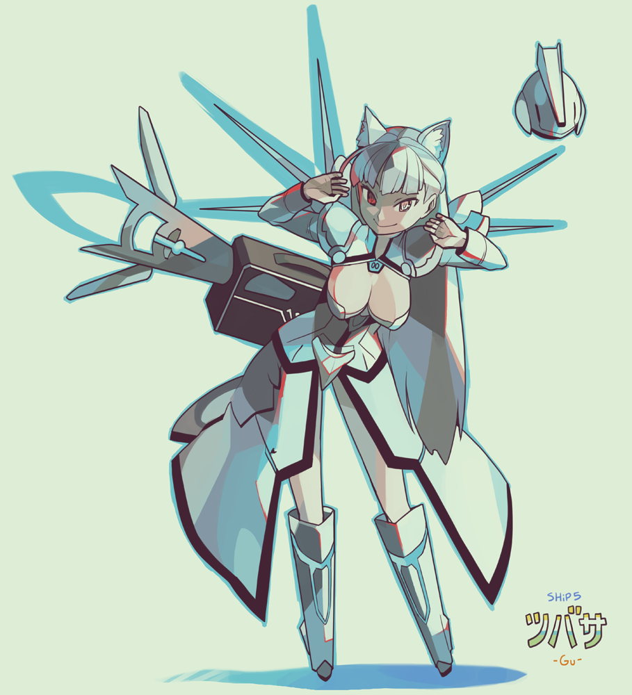 1girl, animal_ears, boots, breasts, cat_ears, cleavage, engage_calceolaria, female_focus, heterochromia, knee_boots, mag_(phantasy_star), phantasy_star, phantasy_star_online_2, showgirl_skirt, silver_hair, smile, solo, woofycakes