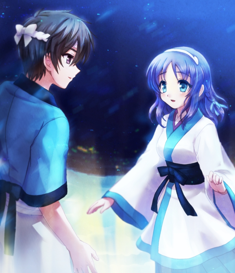 10s, 1boy, 1girl, black_hair, blue_eyes, blue_hair, brown_eyes, couple, enbun_(l00p), headband, hiradaira_chisaki, japanese_clothes, kihara_tsumugu, long_hair, nagi_no_asukara, short_hair