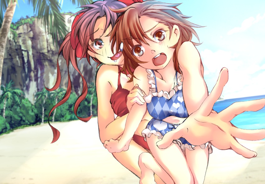2girls, beach, bikini, brown_eyes, brown_hair, day, foreshortening, higashizukihi_sei