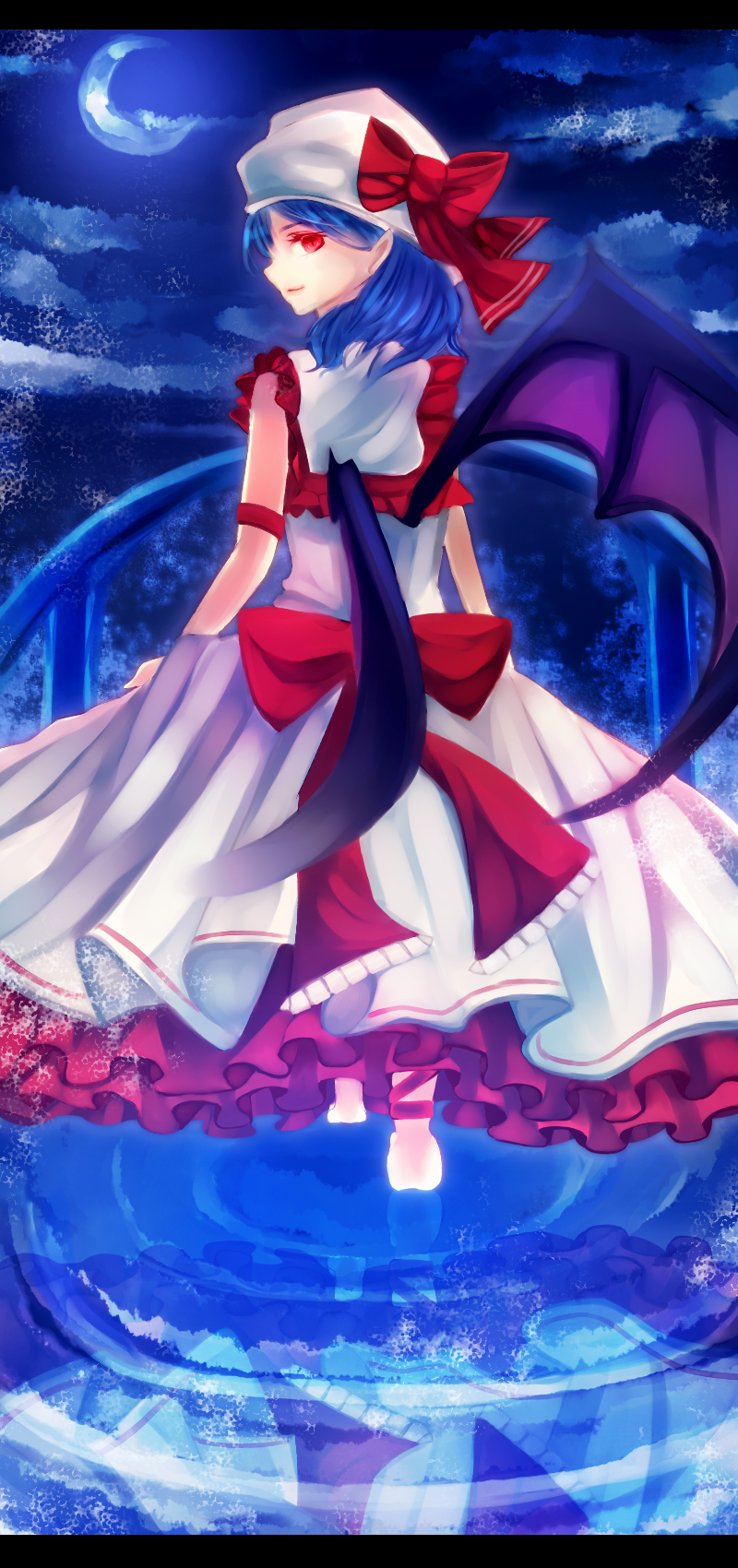 1girl, aru16, bat_wings, blue_hair, crescent_moon, female_focus, from_behind, hat