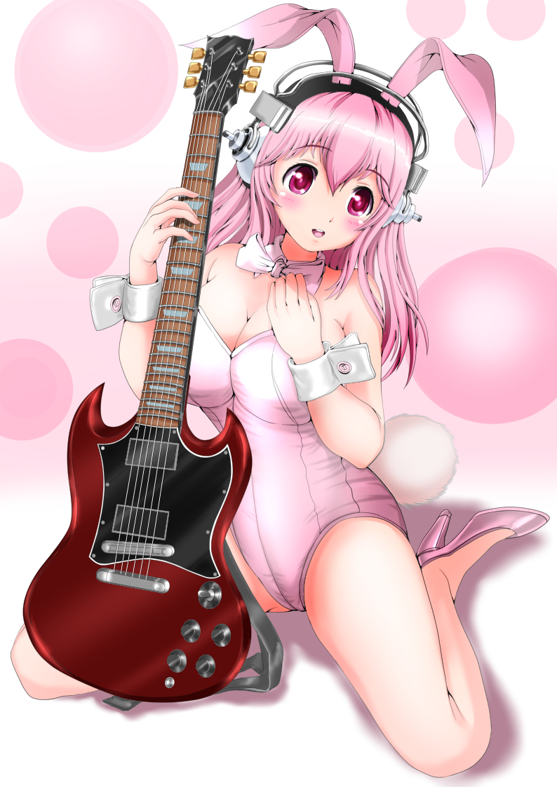 1girl, animal_costume, blush, bow, bowtie, breasts, cleavage, electric_guitar