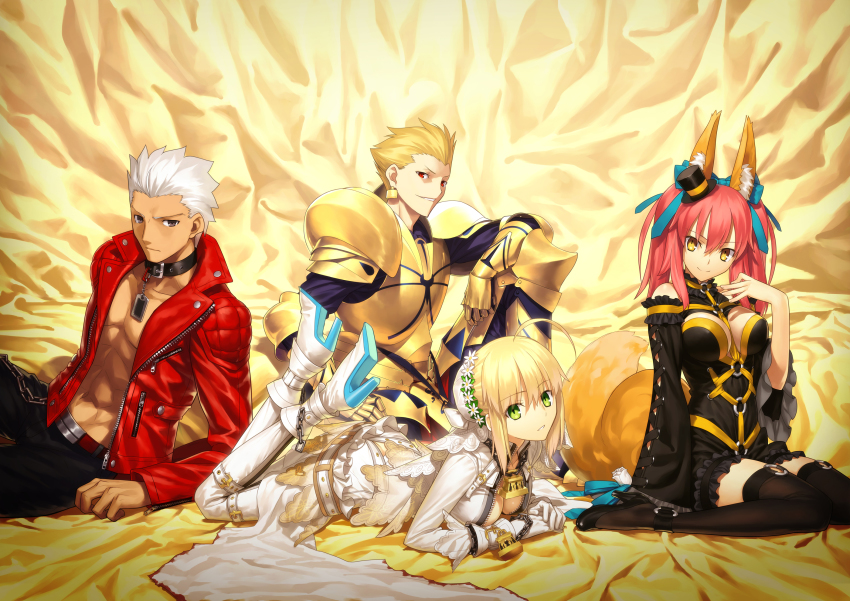 10s, 2boys, 2girls, ahoge, alternate_costume, animal_ears, archer_(cool_and_wild)_(fate), archer_(fate)