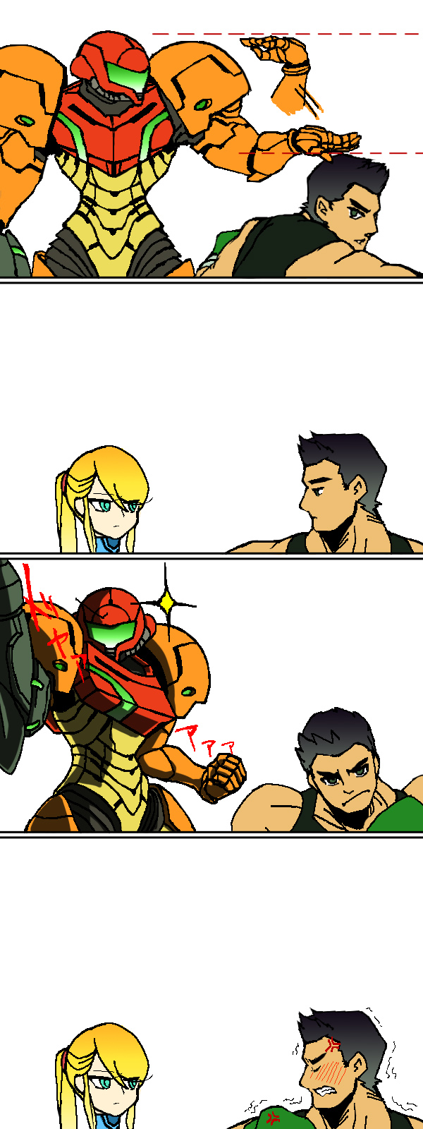 1boy, 1girl, anger_vein, black_hair, blonde_hair, blue_eyes, blush, clenched_hand, comic, height_difference, highres, jitome, little_mac, looking_at_another, metroid, metroid:_other_m, motoji_(hamayarawa), nintendo, ponytail, power_suit_(metroid), punch-out!!, ru-moiikedoraisumone, samus_aran, silent_comic, super_smash_bros., trembling, varia_suit, zero_suit