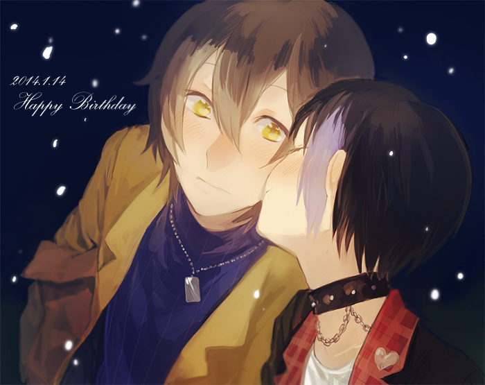1girl, bad_id, bad_pixiv_id, black_hair, blush, brown_hair, kissing_cheek, choker