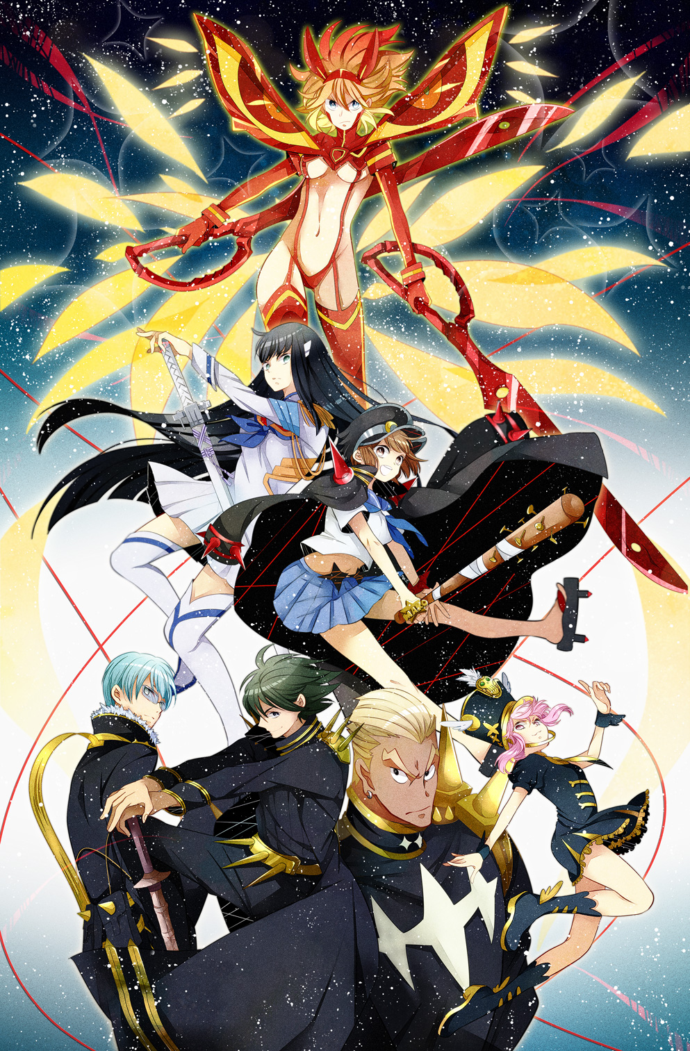 10s, 3boys, 4girls, bakuzan, baseball_bat, black_hair, blonde_hair, blue_hair, boots, breasts, brown_hair, cape, gamagoori_ira, glasses, green_eyes, green_hair, hat, highres, inumuta_houka, jakuzure_nonon, junketsu, kanasuke, kill_la_kill, kiryuuin_satsuki, legs, mankanshoku_mako, matoi_ryuuko, multiple_boys, multiple_girls, nail_(hardware), nail_bat, open_mouth, pink_hair, red_legwear, sanageyama_uzu, school_uniform, scissors, senketsu, senketsu-kisaragi, teeth, thighhighs, underboob, weapon, white_legwear, wrist_cuffs