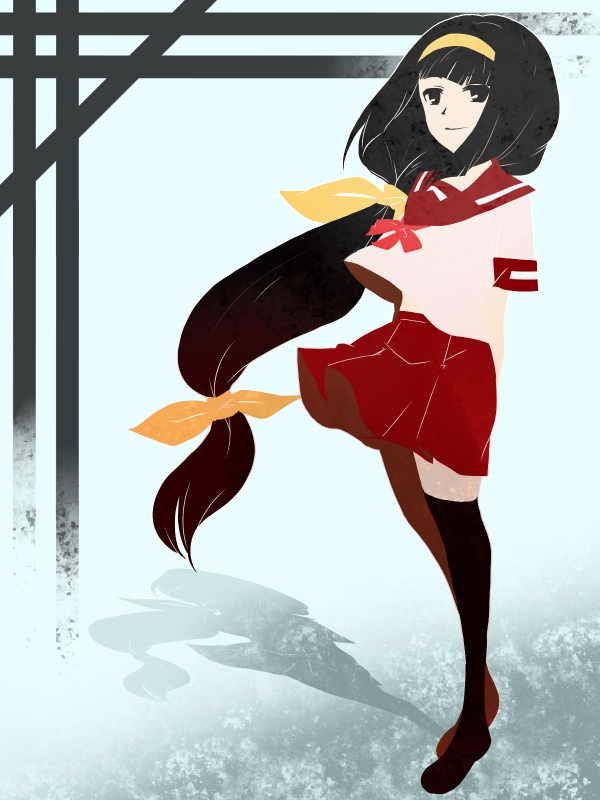 1girl, ajimu_najimi, bad_id, bad_pixiv_id, black_eyes, black_hair, black_thighhighs, bow