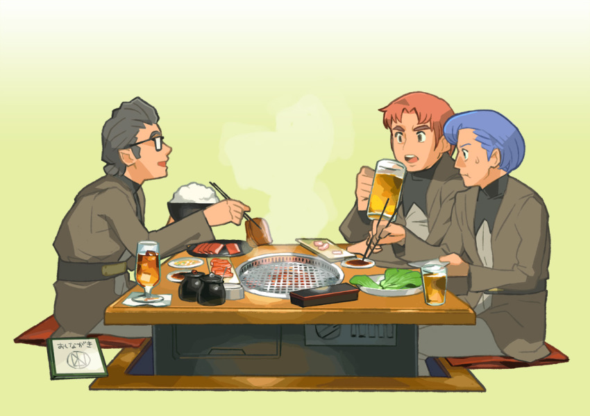 3boys, bento_malus, black_hair, blue_hair, bowl, chopsticks, densetsu_kyojin_ideon, drink