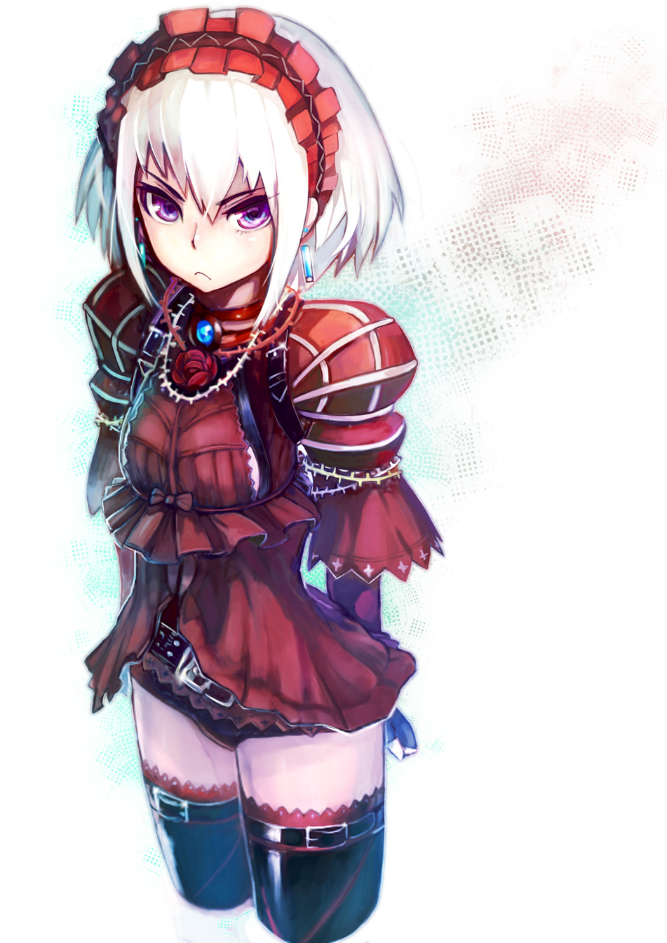 >:(, 10s, 1girl, armor, arms_behind_back, belt, black_gloves, black_thighhighs, bow, chaika_bogdan, cowboy_shot, earrings, female_focus, fingerless_gloves, flower, frills, frown, gloves, hairband, headdress, highres, hitsugi_no_chaika, jewelry, jinichi, leg_belt, lolita_hairband, purple_eyes, red_flower, red_rose, rose, short_hair, short_sleeves, solo, thighhighs, tsurime, v-shaped_eyebrows, white_hair